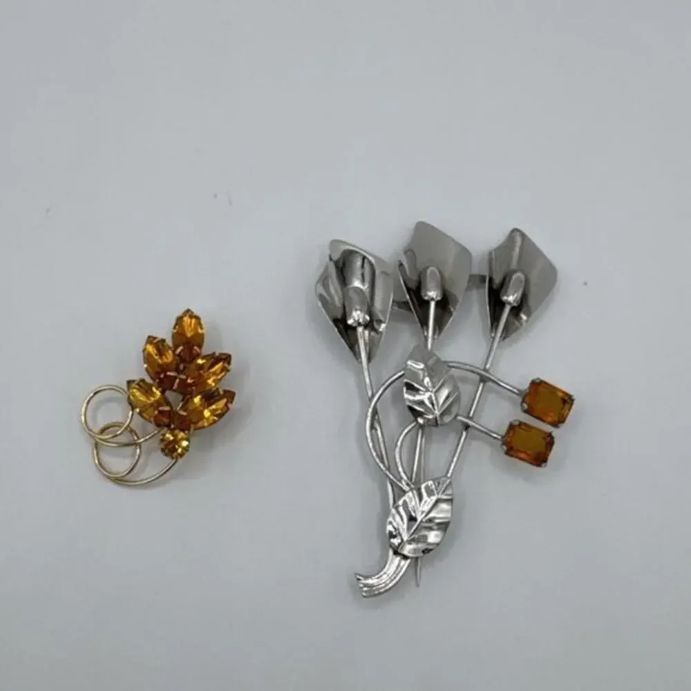Vintage BroochSterling Silver & Gold Tone Amber Rhinestone Leaf